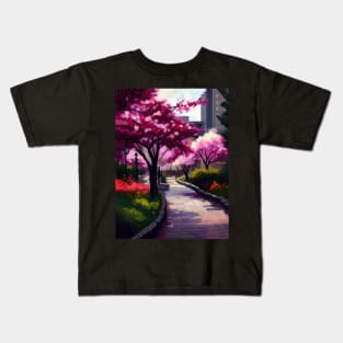 Sakura Serenade Tokyo Cherry Blossoms, Impressionist Landscape, Brick Path Park, Red Flowers, Oil Style Print Kids T-Shirt